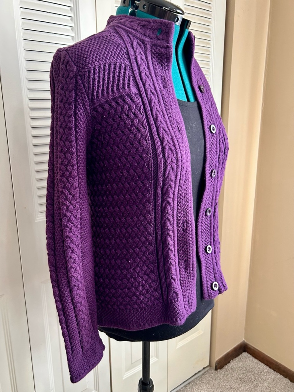 L.L.Bean Chunky Cable Knit Cardigan Purple Button Front Cozy Sweater M